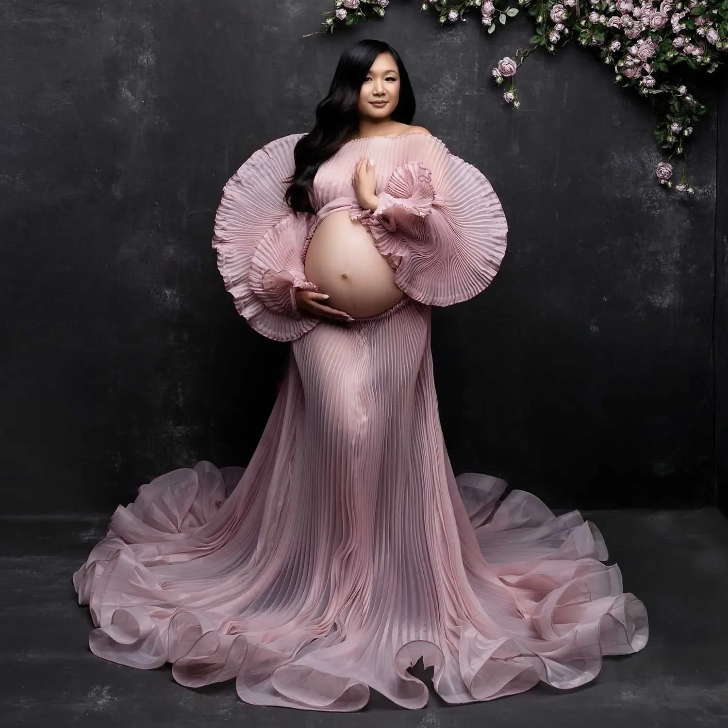 

Elegance Pink Pleated Maternity Dress Two Piece Set See Thru Full Sleeves Maternity Dresses Photoshoot Babyshower Dress Sheer