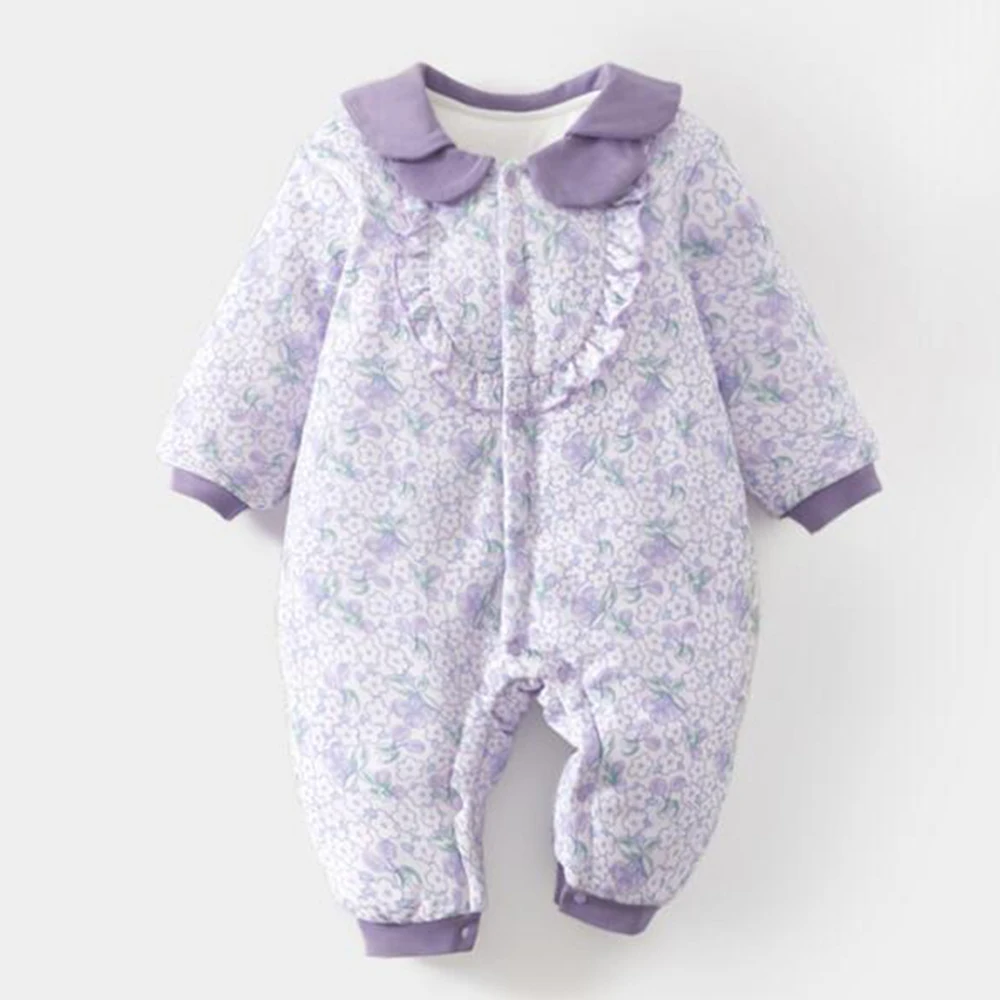 

Baby Girl Jumpsuit Long Sleeve Quilted Thick Warm Winter Baby Rompers Floral Peter Pan Collar Princess Christmas Infant Clothes