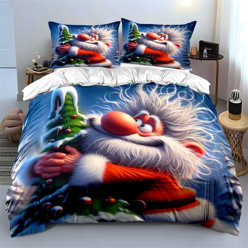A cute Santa Claus hugging a Christmas tree Print Duvet Cover Bedding Set Included 1*Duvet Cover 2*Pillowcases Luxury gifts