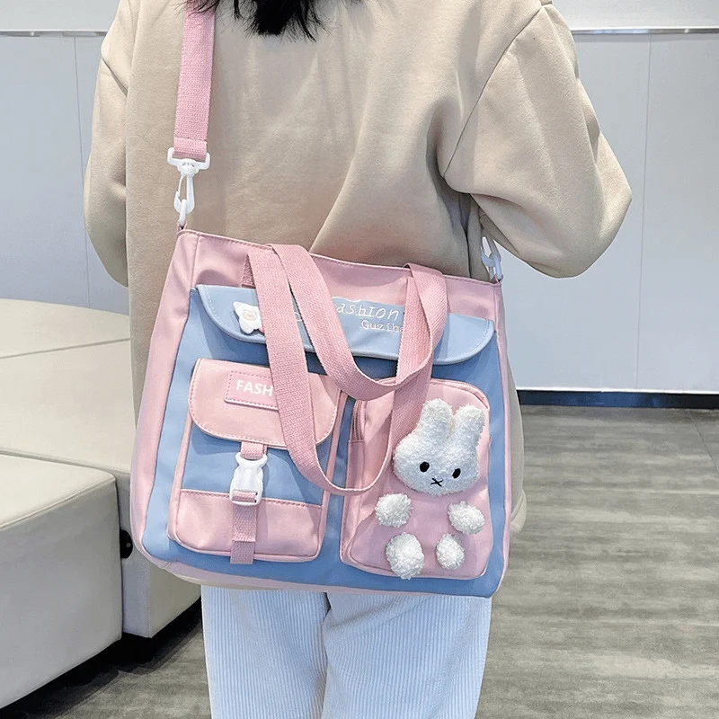 Messenger Bag With Cartoon Canvas Accent, Fashionable School Satchel, Casual Crossbody Handbag With Cute Plush Bear Decoration