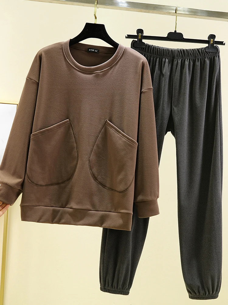 

Thiened Fce комплект домашней одежды на подкладке, женский зимний комбинезон Long Sve round Ne, повседневный костюм из двух предметов большого размера