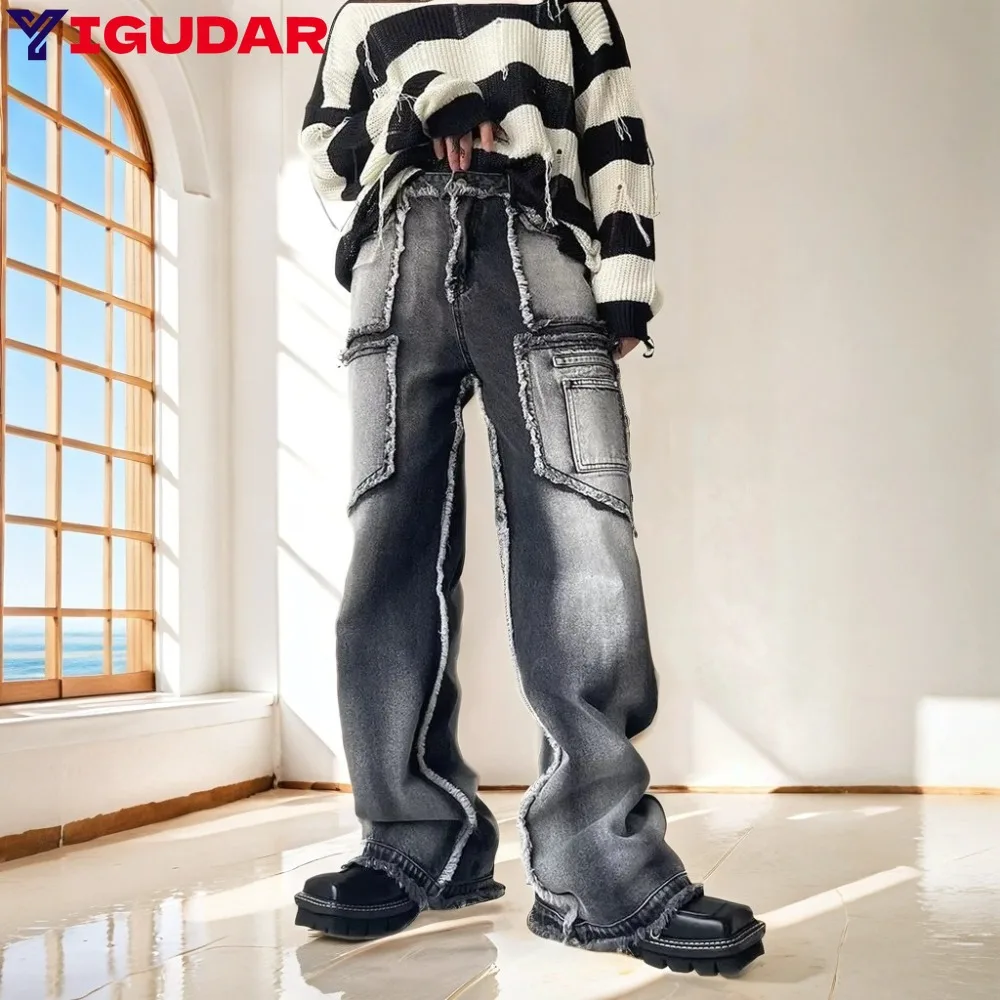 Jean Men Made Wash Earth Ragged Edge Denim High Street Fashionable Straight Pants Contrast Color Trousers loose and comfortable