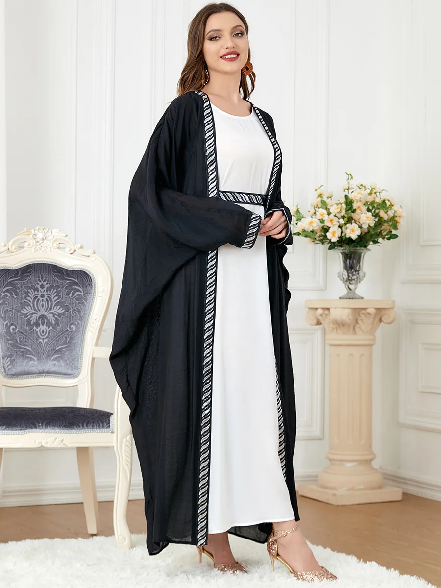 Autumn 2-piece Kaftan Muslim Sets Women Batwing Embroidered Patchwork Open Abaya+Inner Slip Long Dress Dubai Arab Dresses Black