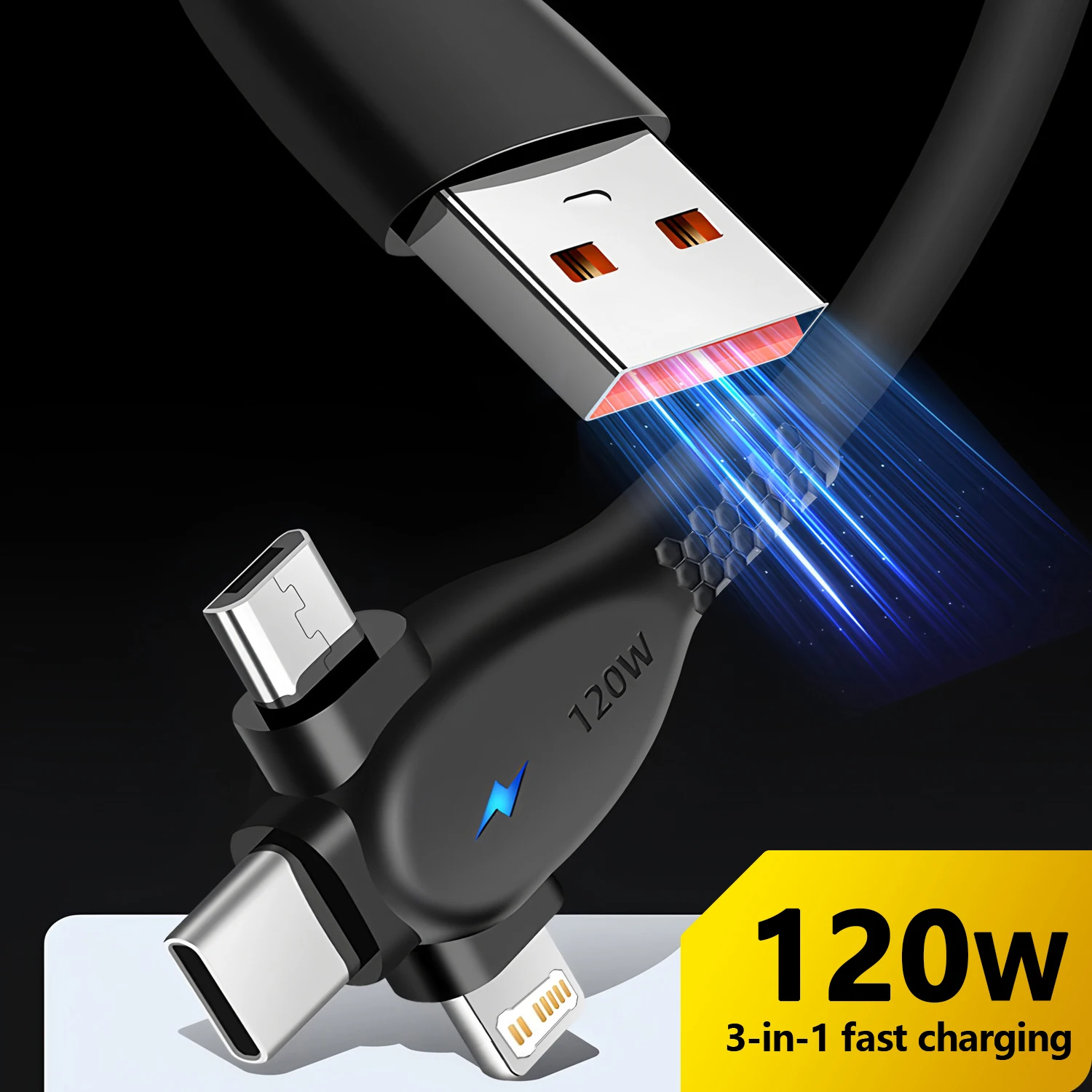 Universal 3-IN-1 USB Cable Charging cord For IOS/Micro/Type-C MobilePhone Charger Cable LED Function, Fast Charging Type-C Ports
