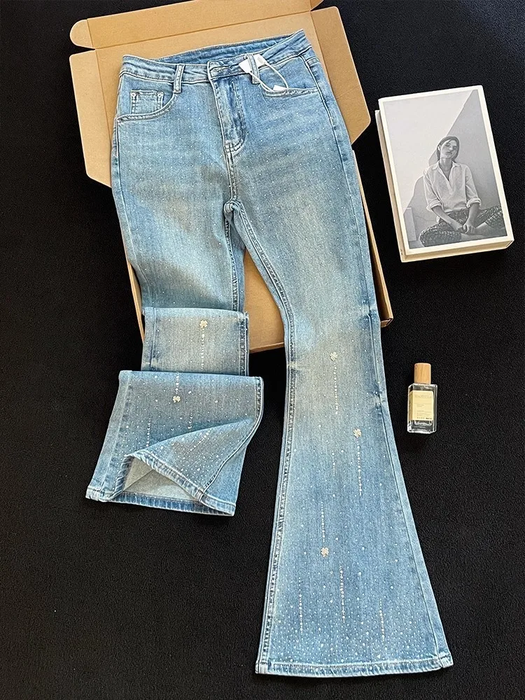 Letnia Moda Nowy Diamentowy Wzór Damskie Jeansy Slim Fit Kieszenie Wysoki Stan Szerokie Nogawki Lekko Rozszerzane Spodnie Długie Spodnie Denimowe