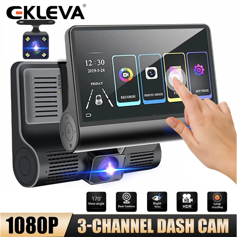 

EKLEVA 1080P Dash Cam 3 Channel Front Inside Rear Camera Recorder 4"Touch Screen Night Vision Recording G-Sensor Parking Monitor