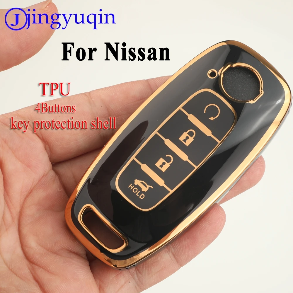 

jingyuqin TPU Key Protection Case For Nissan E-4 key trunk spinning glossy surface gold edge black White gray side with stripes