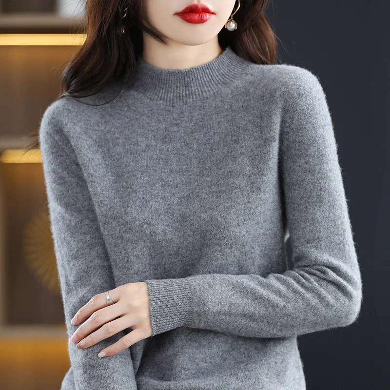 Autumn Woman\'s Sweaters Female Pullover Long Sleeve Half Turtleneck Basic Style Jumper 100% Wool Knitted Tops Cashmere Sweaters