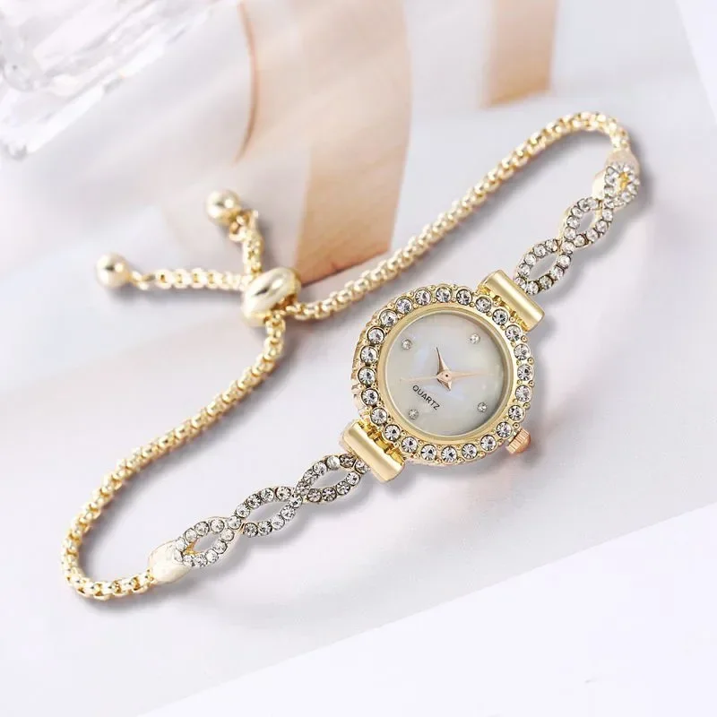 New Fashion Diamond Set Round Women's Watch with Wrapped Flower Pattern and Free Adjustment Bracelet for Women's Quartz Watch