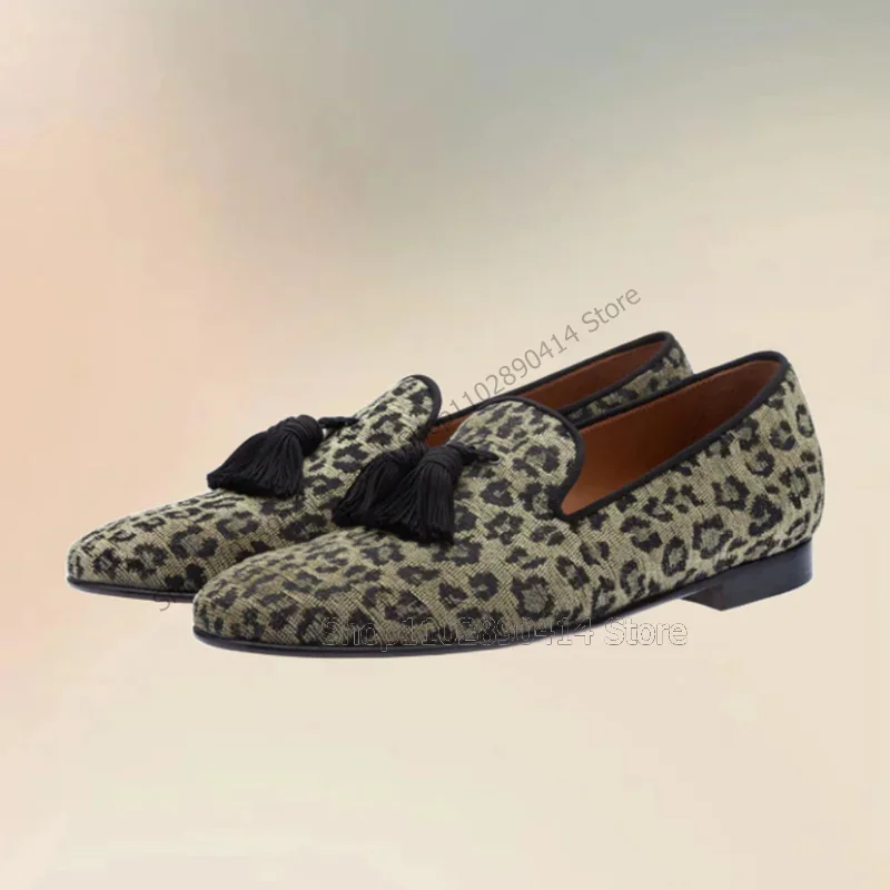 

Leopard Print Black Tassels Decor Men Loafers Fashion Slip On Men Shoes Luxury Comfort Handmade Party Banquet Men Casual Shoes