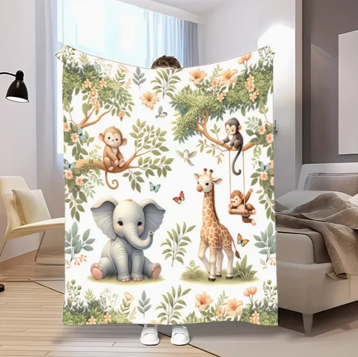 Una Acogedora Manta con Temática Primaveral con Lindos Animales como Monos y Mariposas, Suave y Cálida, Ideal como Regalo
