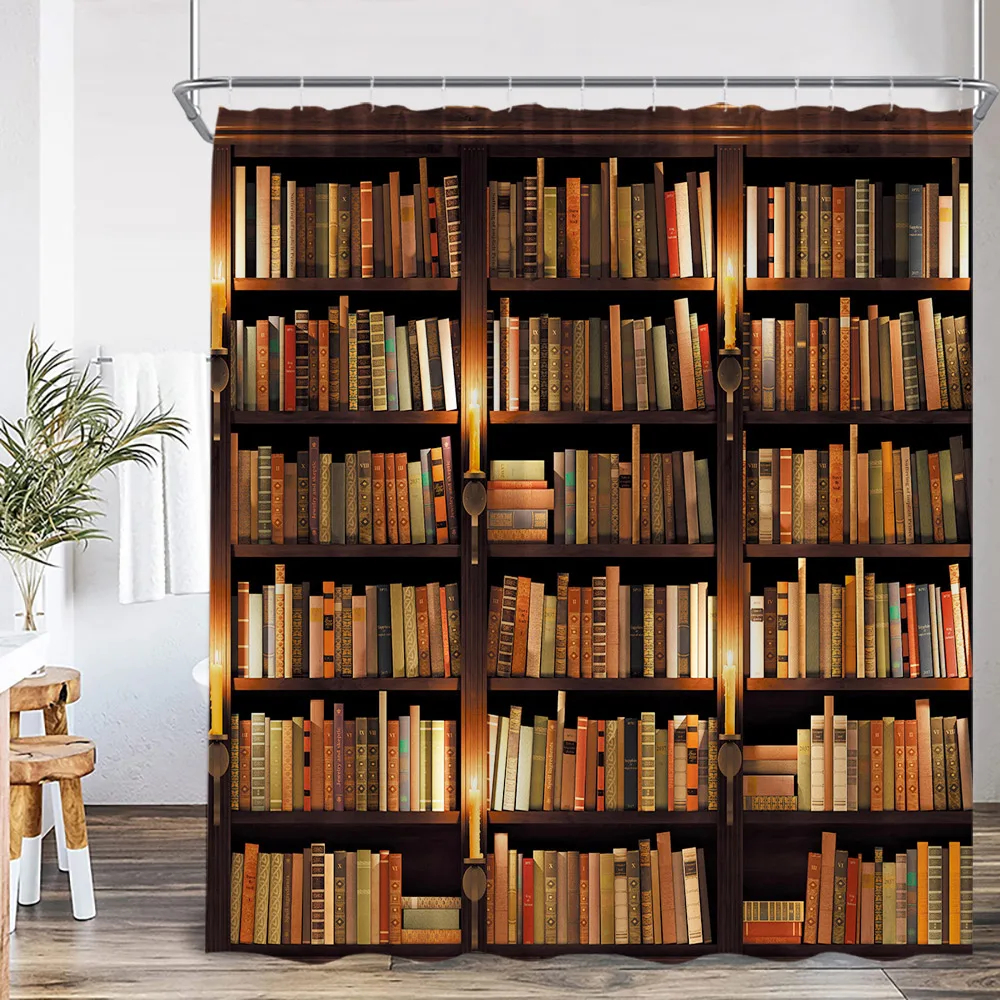 Vintage Bookshelf Library Shower Curtain Bookcase Books Retro Study Bathroom Decor Wizard Magic Room Polyester Bathtub Curtain
