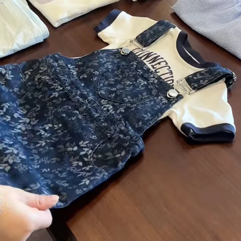 

Korean denim skirt suit children's girls dress 2025 little girl summer floral denim back dress children's printed T-shirt