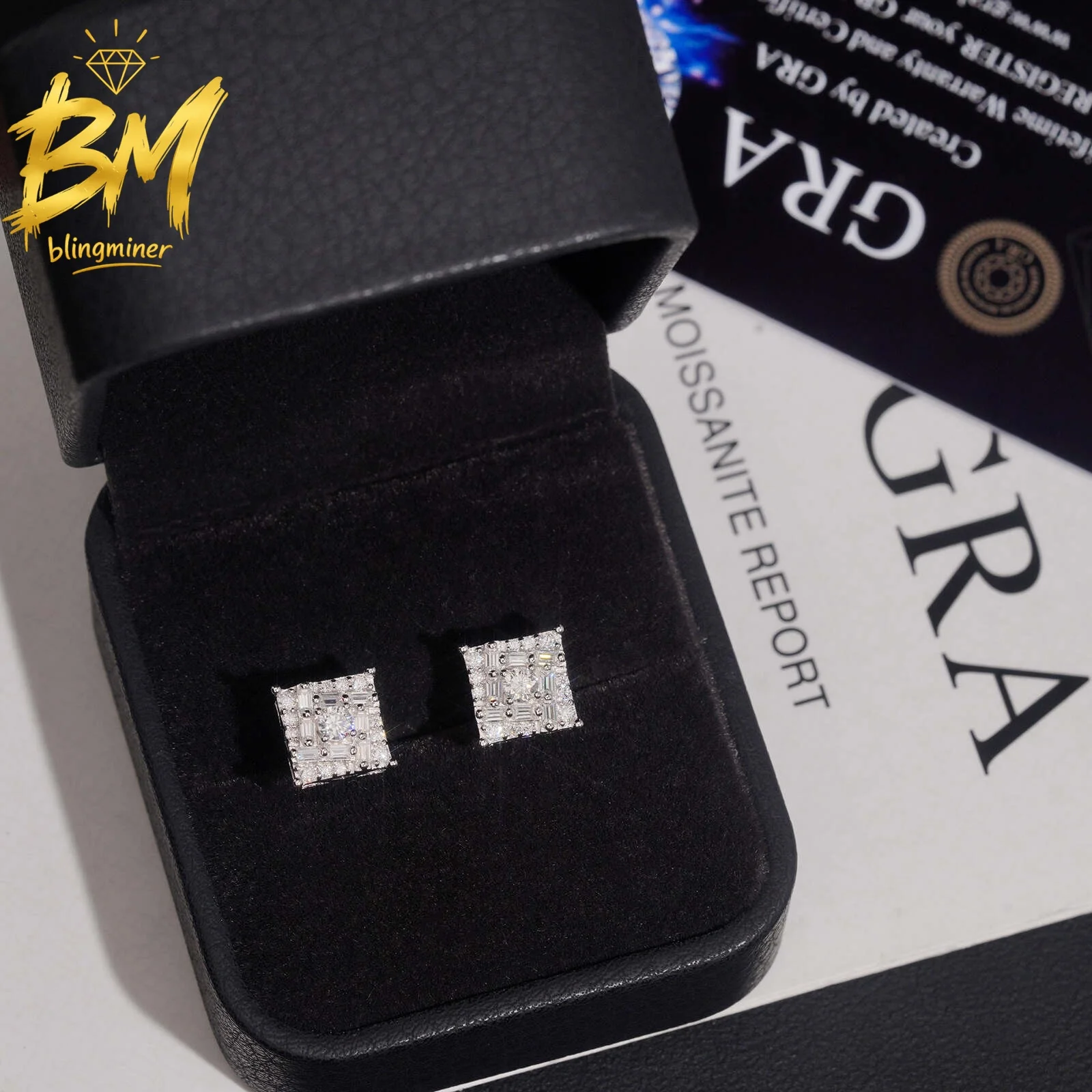 Blingminer Square Baguette VVS Moissanite Earrings For Men Women S925 Silver Ear Studs Jewelry Pass Diamonds GRA Free Shipping