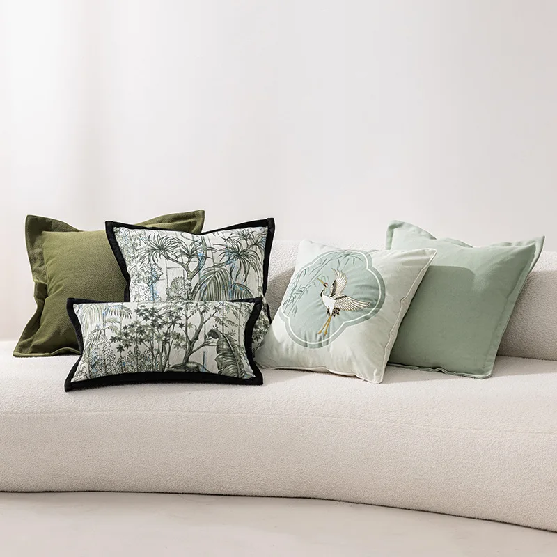 Chinese Crane Embroidery Pillow Light Green Blue Cushion Case Retro Art Decorative Pillow Cover For Sofa Chair Home Decorations