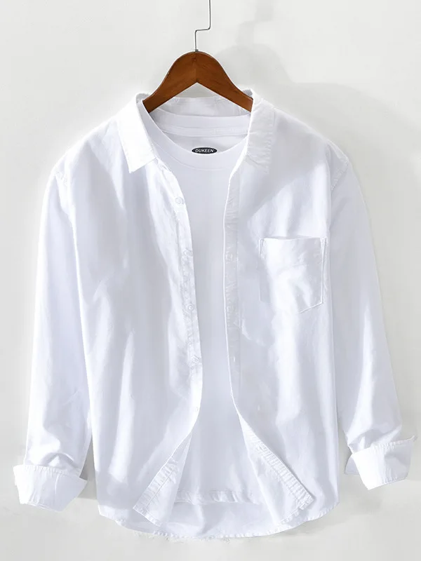 

White Cotton Men's Long Sleeve Shirt Casual Loose Fit Premium Feeling Button up Outdoor Indoor Versatile Youthful Style
