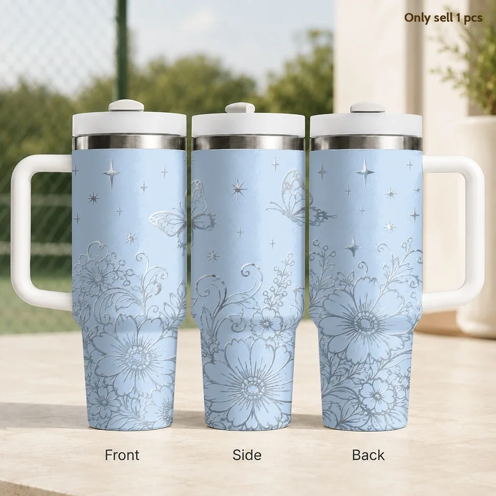 Metallic Floral Butterfly Border Vacuum Flasks 40oz Stainless Steel Insulated Tumbler With Handle & Straw Leakproof Travel Mug
