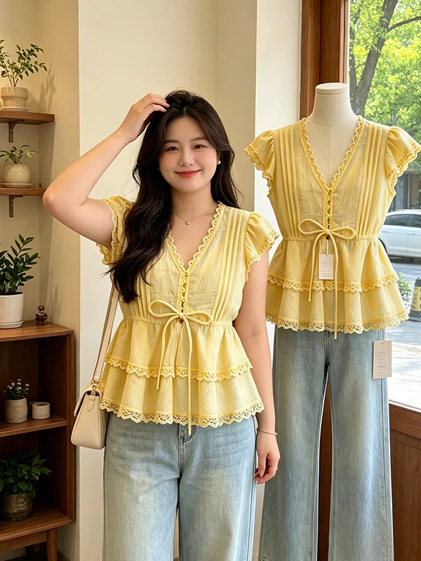 

plus Size Lace Splice V-Neck Shirt Women's Summer Thin Style Slimming Age-Defying Short Sleeve Korean Version Office Style