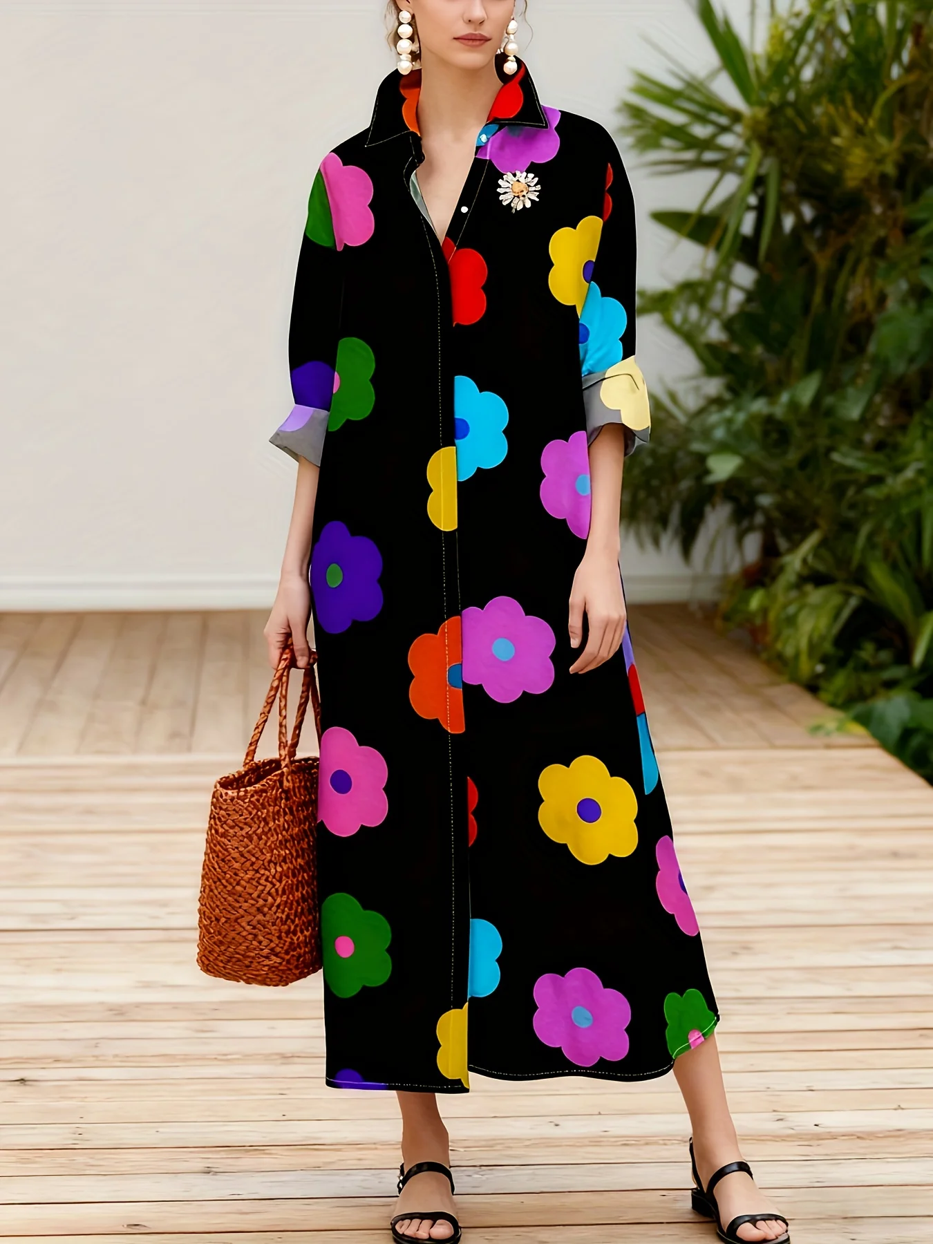 

Платье макси с цветочным принтом и длинными рукавами для женщин, в отпускном стиле, с черным воротником, А-силуэт, летнее, повседневное, шикарное, весна-осень