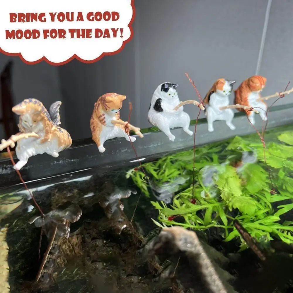 5Pcs Aquascape Decorative Ornaments Fishing Kittens DIY Aquarium Cat Fishing Ornament