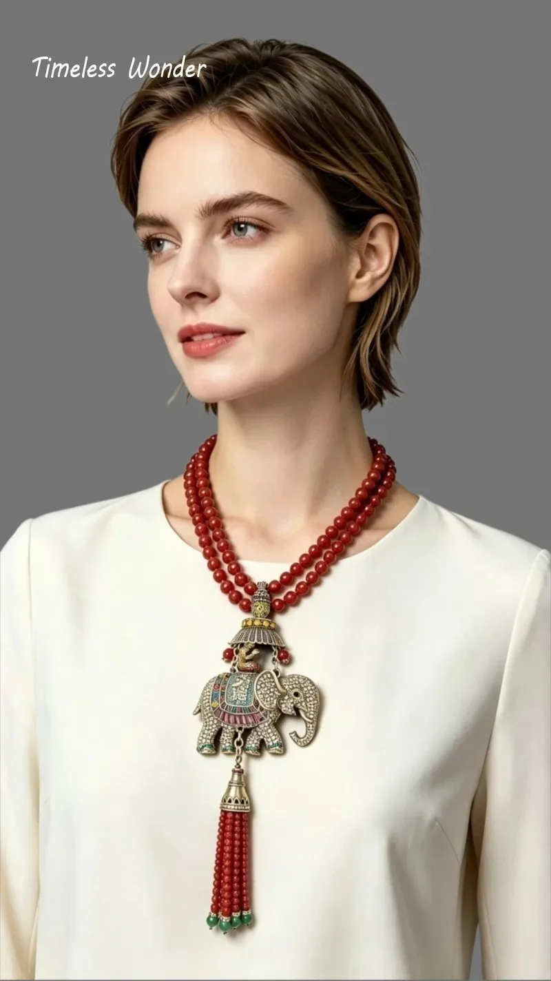 Timeless Wonder Fancy Zircon Elephant Beaded Tassel Necklace Women Designer Jewelry Runway Trendy Vintage Top Classy 4526