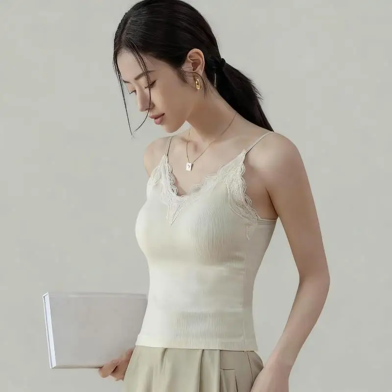 

V-neck Lace Tank Top Korean Women Cropped Tank Top With Bra Pad Inner Sweet Backless Cotton Crop Top Versatile Camis