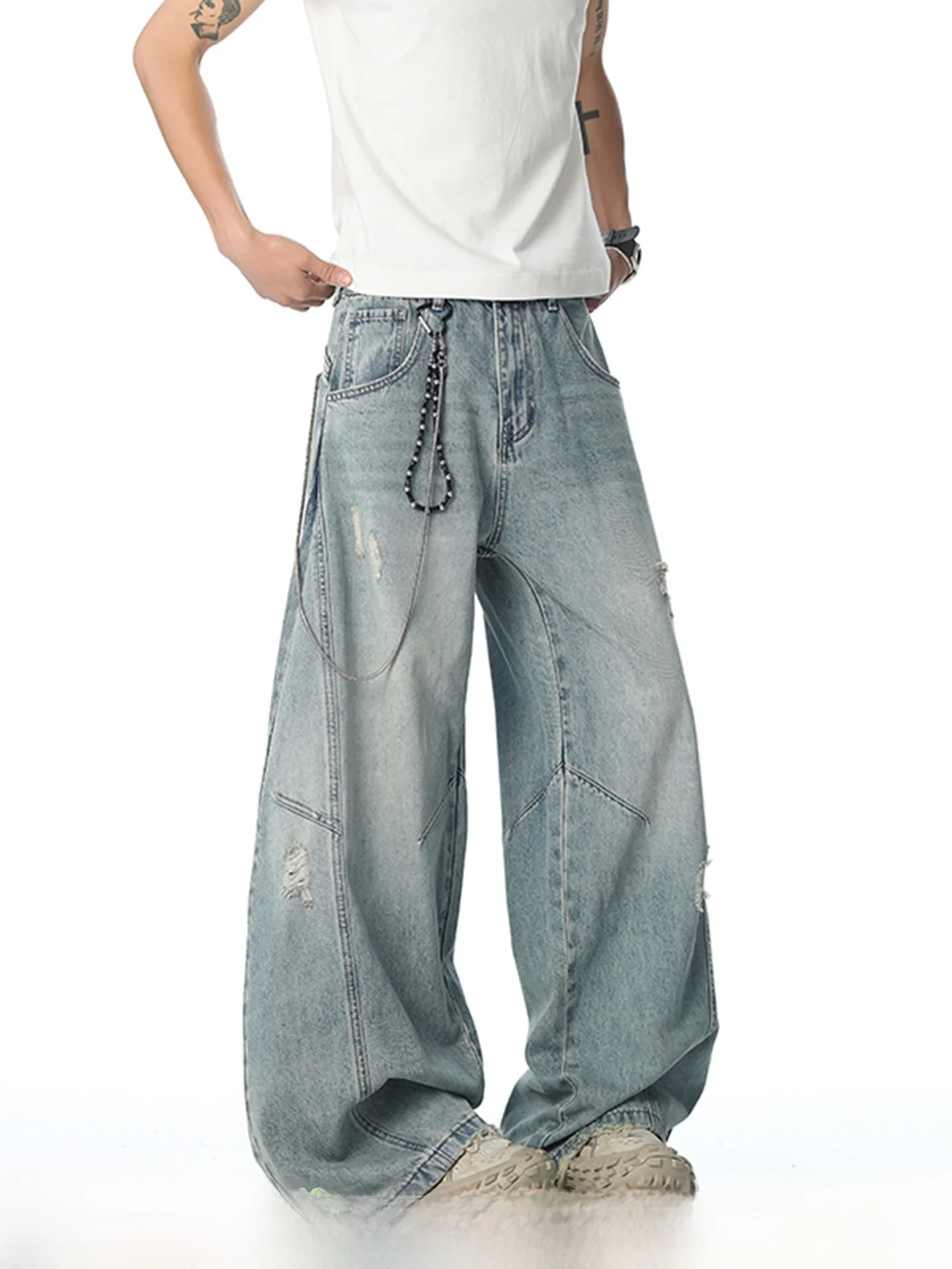 

American Cleanfit Men's Jeans 2026 New Fashion Loose Wide Leg Washed Knife Hole Punch Casual Comfortable Cotton Denim