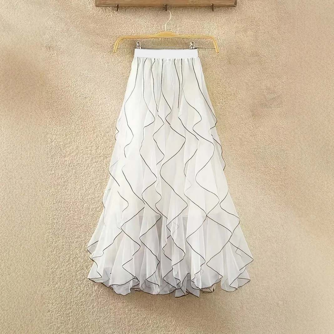 Ruffled Tulle A Line Midi Skirt High Waist Flowy Layered Hem Elegant Casual Long Skirt for Women