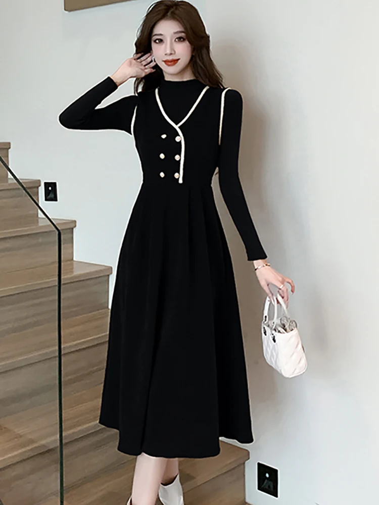 

Autumn Winter Black Knitted Top Coat+Black Corduroy Strap Long Dress Two Piece Sets 2023 Women Korean Vintage Luxury Dress Suits