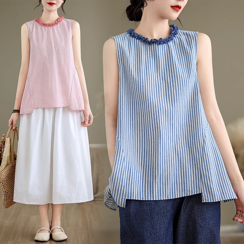 

Свободный женский жилет без рукавов из хлопка и льна в полоску, тонкий топ на пуговицах, оригинальный дизайн, повседневная летняя рубашка