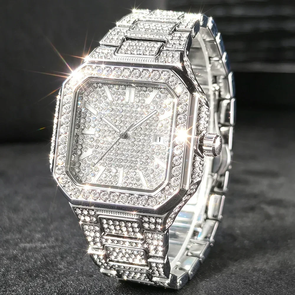 Men's square Roman watch, adorned with chain link shaped strap, luxurious and shiny style
