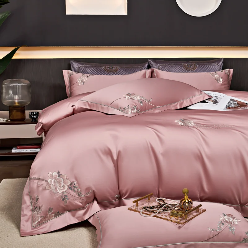 Luxury Pink Bean Paste Flower Embroidery Egyptian Cotton Bedding Set, Duvet Cover, Linen Fitted Sheet, Pillowcases, Home Textile