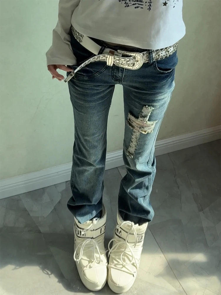 Retro American Crosshole Denim Jeans Women Summer New Y2K Millennium Style Spicy Girl Micro Flare Long Trousers High Waist