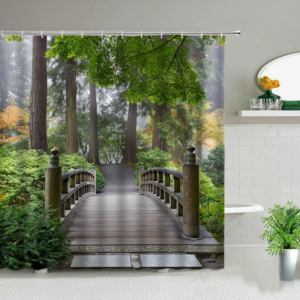 Chinese Style Forest Wooden Bridge Theme Shower Curtain Set Spring Scenery Natural Landscape 3d Printed Waterproof Bath Curtains