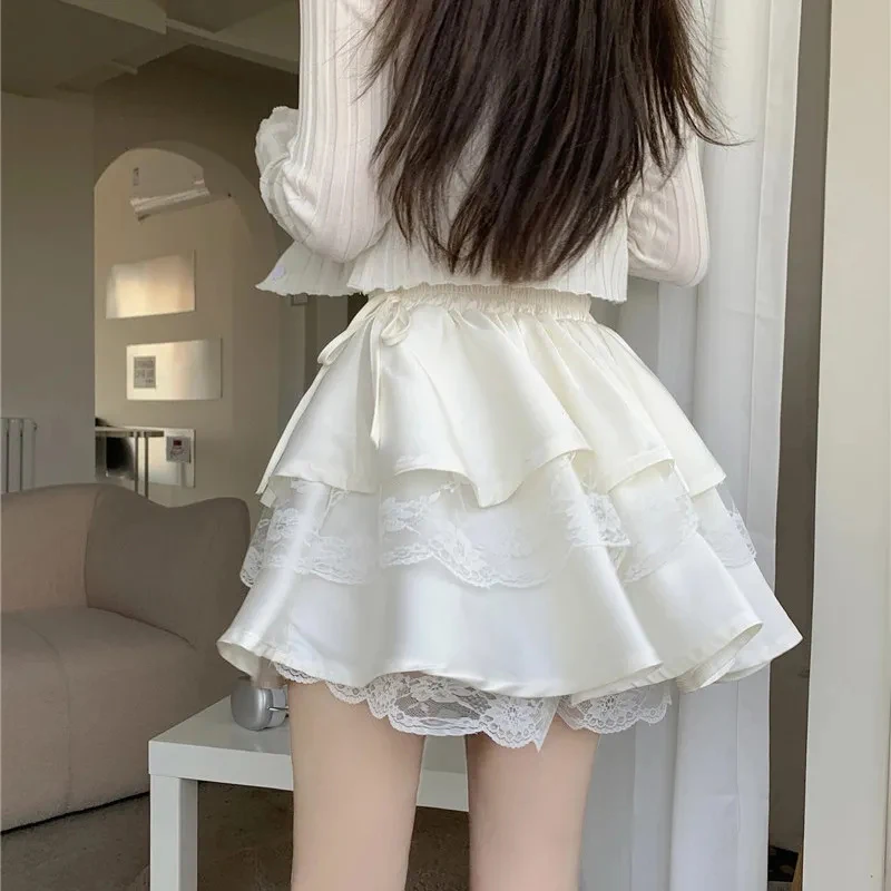 Y2K Sweet Ruffles Women Mini Skirt Fashion High Waist Lace Patchwork Ladies Ball Skirts Harajuku Preppy All Match Female Skirt