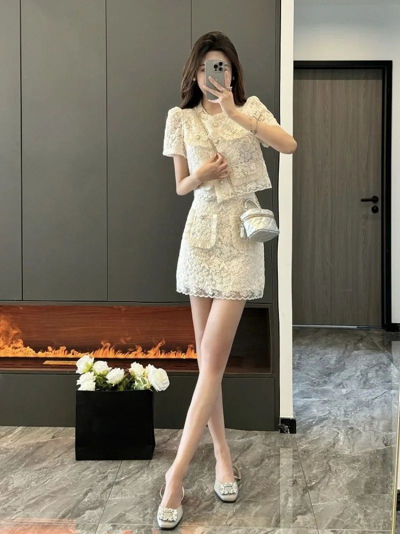 French Sweet Lace Top Skirt Two-piece Set Women Print Ruffle Edge Splice Single Breasted Temperament Gentle Summer Slim Suit New