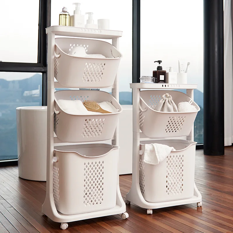 

Bathroom laundry basket with wheels, household multilayer laundry storage rack