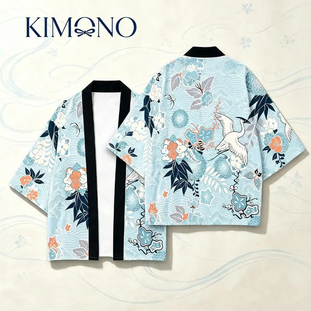 Japanese Traditional Crane Floral Wave Print Kimono Casual Vacation Beach Cardigan Yukata Unisex Harajuku Street Clothing