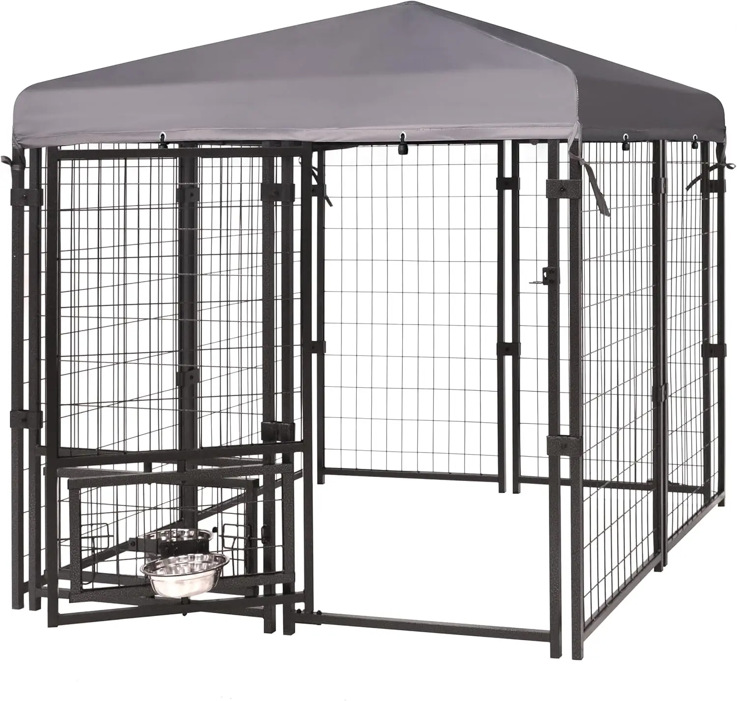 Dog Kennel Outdoor Indoor with Roof and Rotating Feeding Doors, Large Metal Dog Pen Enclosure House Heavy Duty with Canopy, Door