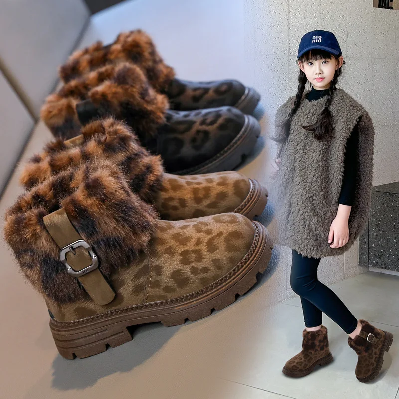

2025 Winter Toddler Girls' Princess Boots Leopard Print Fleece Lined Children's Shoes Thick Sole Warm Anti-slip Kids Ankle Boots