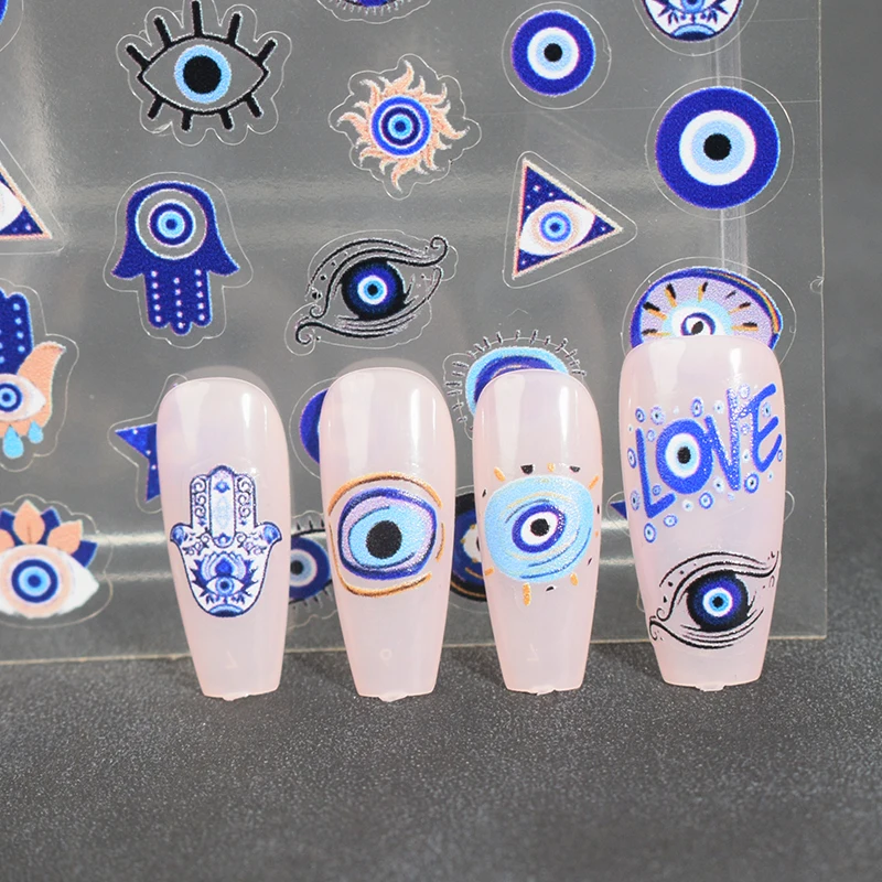 Evil Eye Nail Art Sticker Embossed Snake Sun God Self Adhesive Flower Glitter Finish Nail Slider Disposable Nail Embellishment