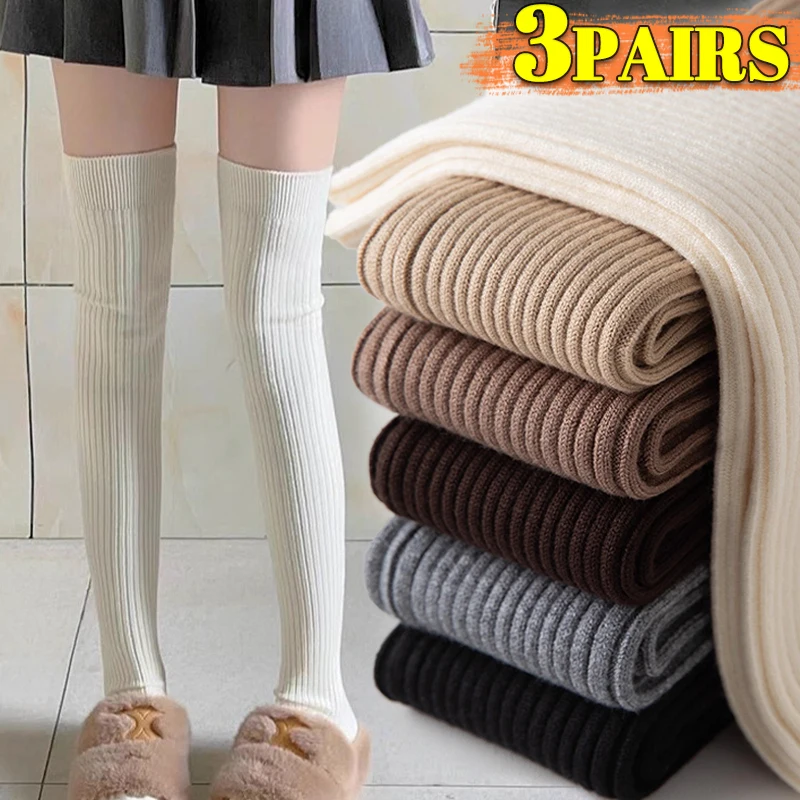 Women Over The Knee Socks Lolita Jk Style Knitted Stockings Fashio Solid Color Wool Thigh Stocking Autumn Winter Keep Warm Socks