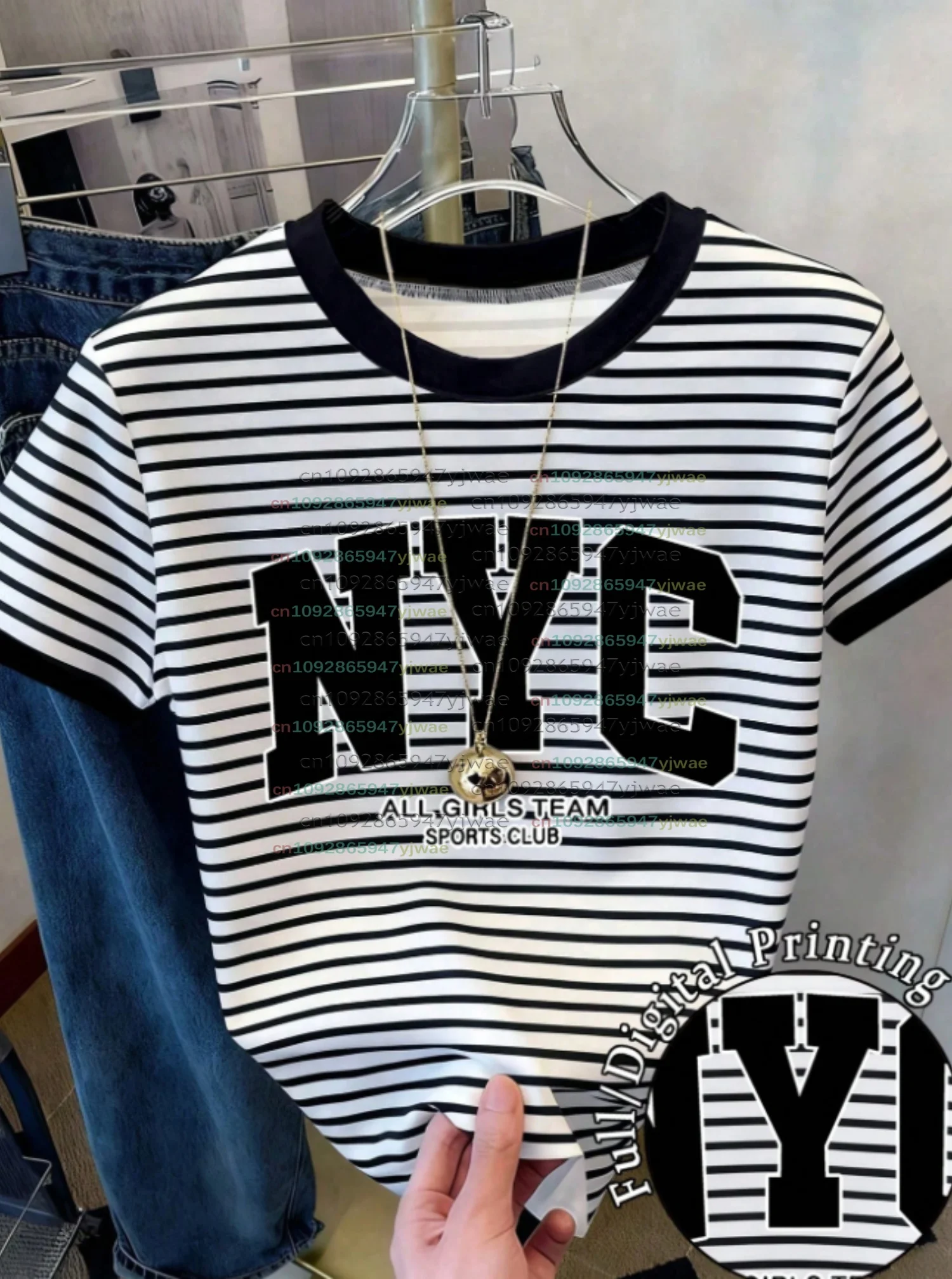 26 Women's Round Neck Striped Heart Print Casual Versatile Commuting  T-Shirt NYC Print Tee Outdoor Sports Adult Women's T-Shirt