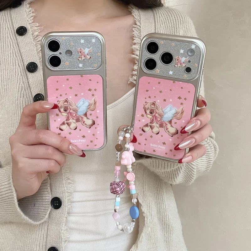 

Fashion Plating Silver Cute Unicorn Phone Case For iPhone 17 Pro 16 15 14 Pro Max Cover with Chain Cartoon Cases For Apple 16Pro