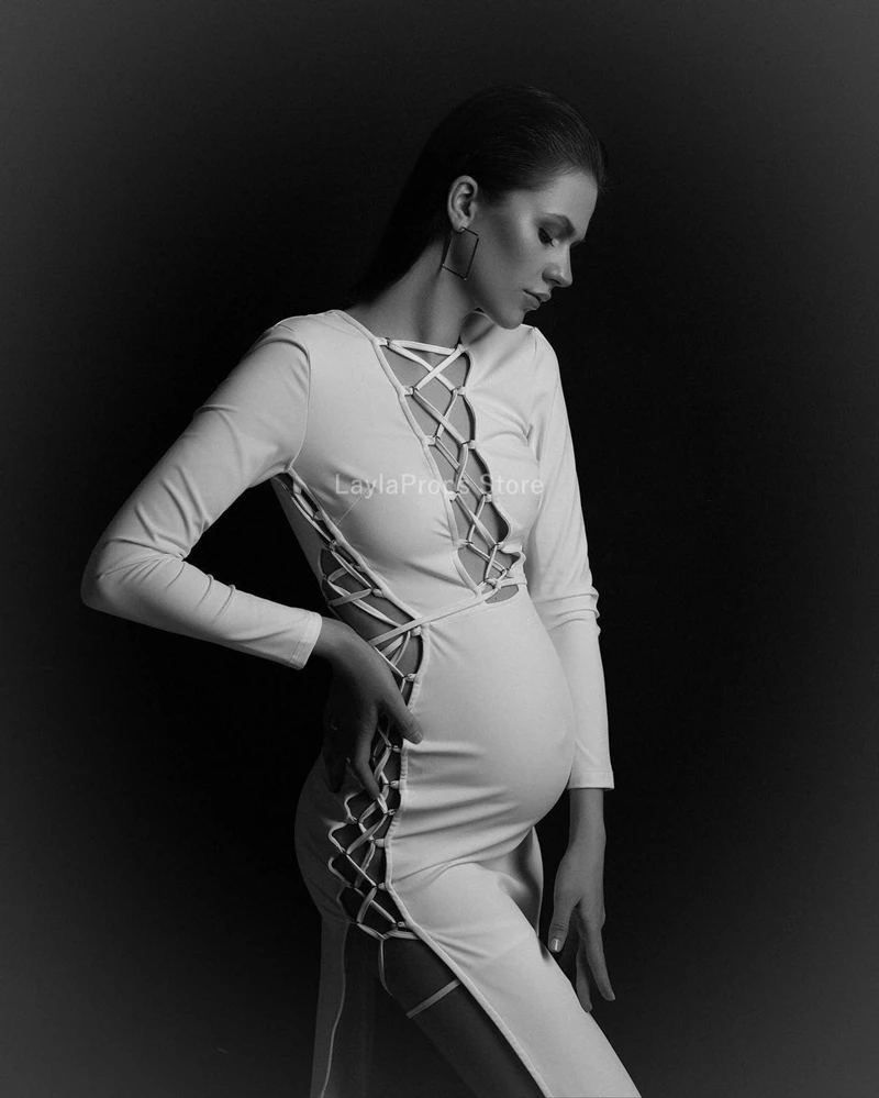 Maternity Dresses Sexy Hollow Out Lace-Up Body con Slit Long Sleeve Maternity Dress for Photography and Parties