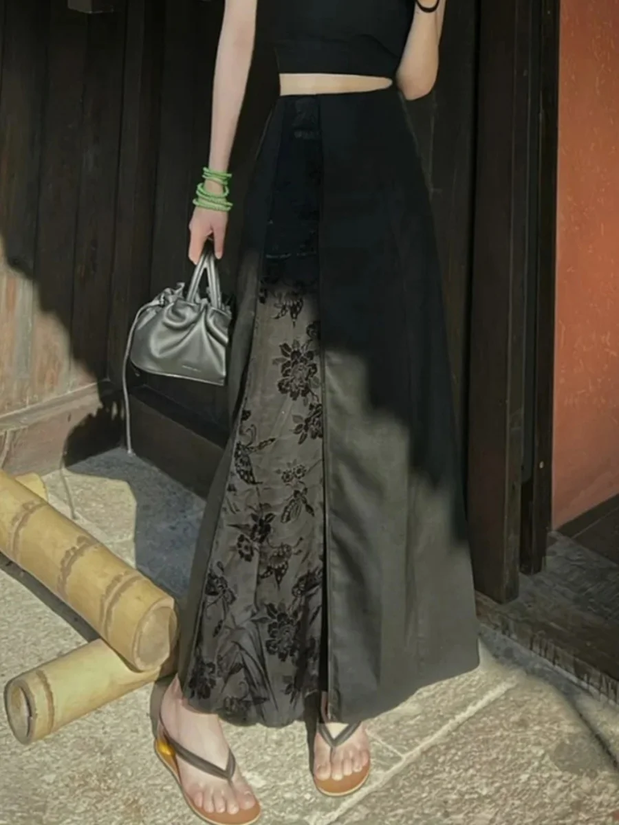 

Новая китайская длинная юбка трапециевидной формы с высокой талией и принтом f, модная утягивающая весна 2024, хлопковая юбка с высокой талией