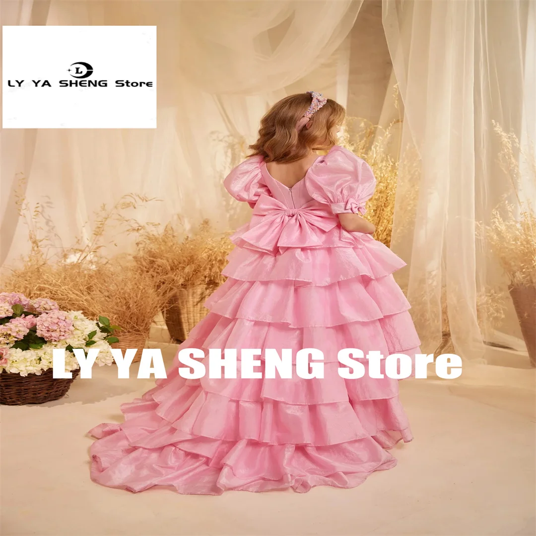 Communion Pink Flower Girl Dress For Wedding Layered Puffy Satin With Bow Princess Kids First Communion Ball Gown Party Dress