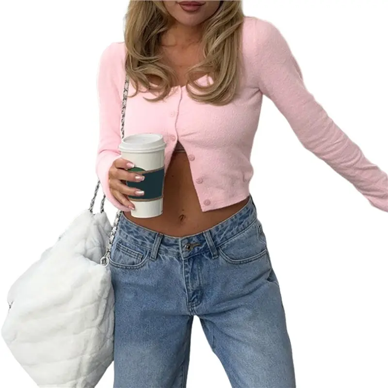 ABAH-سترة نسائية بأكمام طويلة وأزرار حتى مضلعة منسوجة Y2K سترة ضيقة برقبة دائرية تي شيرت خريفي