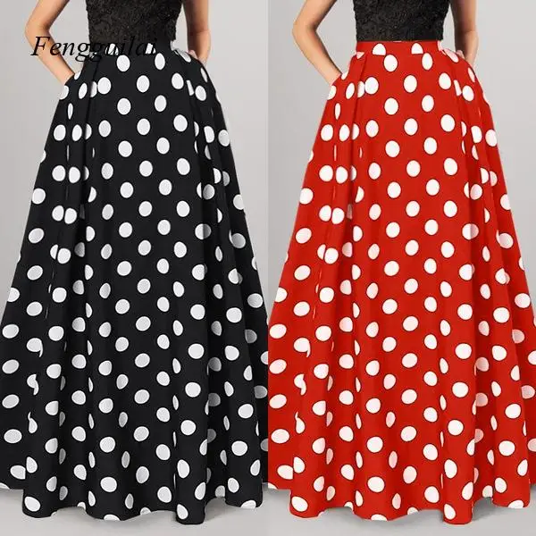 Women's Retro Polka Dot Maxi Skirt - High Waisted A-Line Floor Length Skirt with Hidden Zipper for Summer & Vacation Outfits