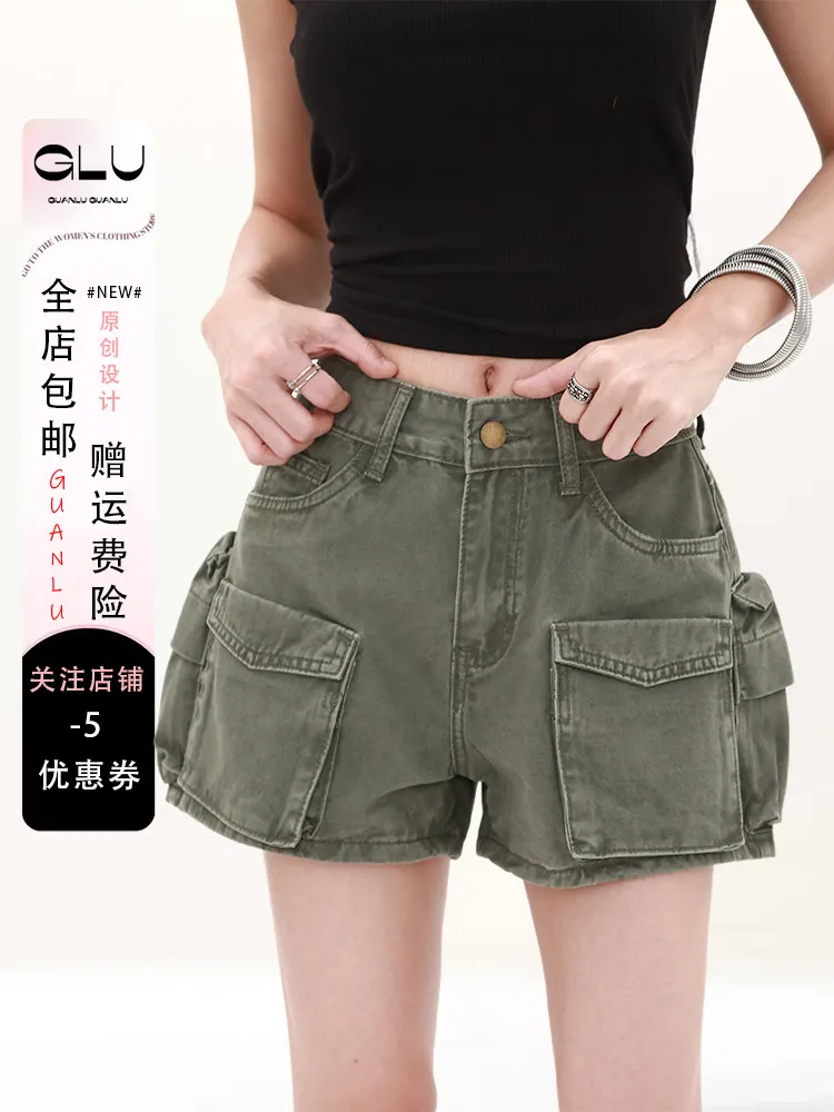 Women's Army Green Pocket Cargo Denim Shorts American Retro Y2k Gyaru Short Jeans Slim Wide Leg Hot Denim Pants for Women Summer